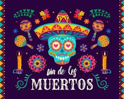Sugar skull, flowers on Dia de los Muertos banner vector