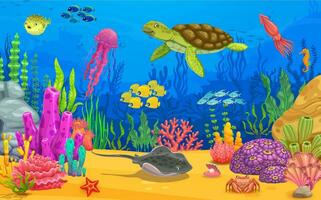 Cartoon sea animals, turtle, stingray, jellyfish vector