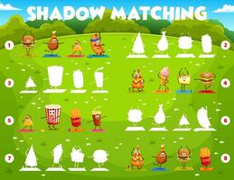 Shadow matching game. Fast food characters on yoga vector