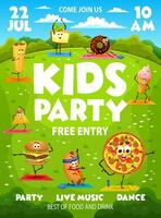 Kids party flyer, cartoon funny fast food on yoga vector