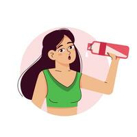 un atractivo joven mujer bebidas agua desde un el plastico botella. aptitud y salud. plano vector ilustración