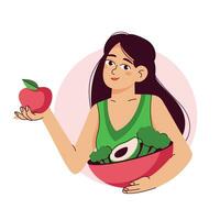 comiendo sano alimento. el niña es en pie con un manzana en su manos. vegetariano, vitamina, natural y Fresco productos dieta, peso pérdida, apropiado nutrición. plano vector ilustración