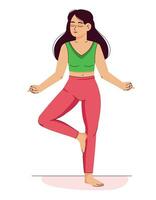 un mujer medita en el loto posición. pilates, yoga y meditación. relajación y relajación, interior paz y balance, un joven niña toma cuidado de su salud. plano vector ilustración