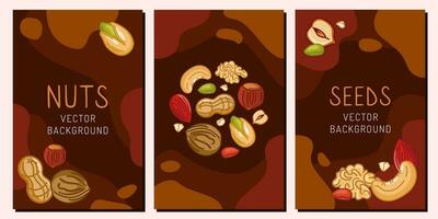 A set of backgrounds for storis with nuts. Backgrounds for packaging. Vector illustration of nuts