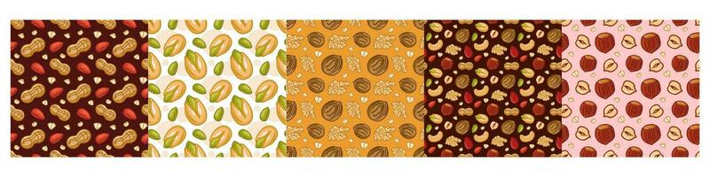 a set of seamless nuts patterns. The patterns are suitable for packaging, decorative paper, textiles. Vector illustration