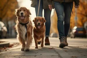 dogs walking with unrecognizable owner in city street crosswalk, AI Generated photo