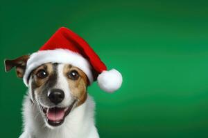 cute dog wearing santa hat on green background, AI Generated photo