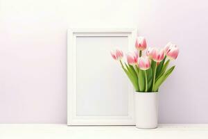 White and pink frame mockup with flowers. AI Generated photo
