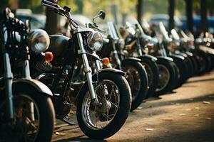 motos estacionado en el motos estacionamiento lote en reunión o evento, ai generado foto