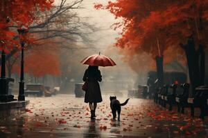 joven mujer caminando su perro en el parque en otoño día, ai generado foto