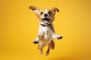 cute dog on yellow background, AI Generated photo