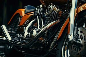 Close up view of a shiny motorcycle engine, AI Generated photo