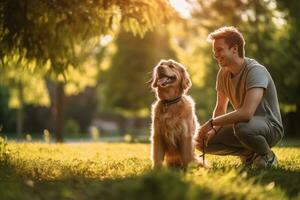 LiLifestyle portrait. laughing man and her dog lying on the drass together, top view, AI Generated photo