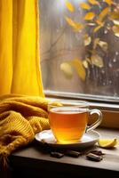 Cup of hot tea on window, yellow plaid and curtain , rain outside. AI Generated photo