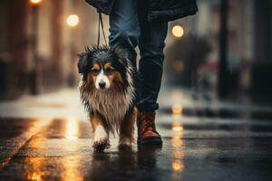 dog walking with unrecognizable owner in city street crosswalk, AI Generated photo