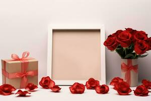 Blank photo frame for mockup design with roses and valentine elements, AI Generated