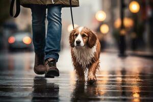 dog walking with unrecognizable owner in city street crosswalk, AI Generated photo