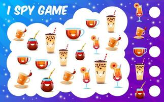 I spy game with cartoon tea drink characters vector