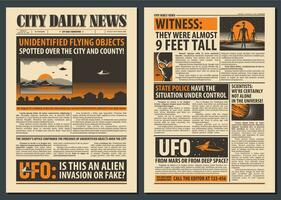 Newspaper template. Extraterrestrial alien, UFO vector