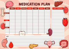 Weekly medication planner with organs characters vector