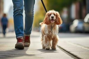 dog walking with unrecognizable owner in city street crosswalk, AI Generated photo