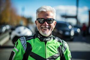 hombre vistiendo motocicleta engranaje y casco, ai generado foto