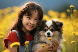 linda asiático niña participación su perro en prado con flores , ai generado foto