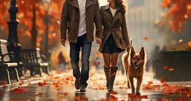 young couple walking dog in the city in autumn day, AI Generated photo