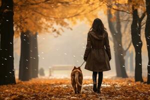 joven mujer caminando su perro en el parque en otoño día, ai generado foto