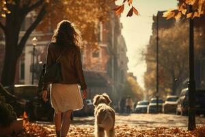 joven mujer caminando su perro en el ciudad en otoño día, ai generado foto