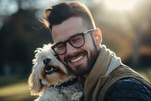 joven adulto hombre participación su beagle , al aire libre otoño parque, ai generado foto