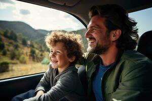 Happy family of father and son enjoying road trip together, AI Generative photo