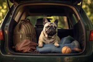 Cute dog sitting in the trunk of a car, AI Generated photo