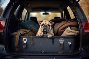 Cute dog sitting in the trunk of a car, AI Generated photo