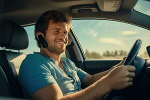 Man driving a car using navigator and talking device, AI Generative photo