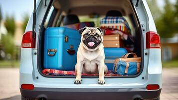 Cute dog sitting on luggage bags in car back , AI Generated photo