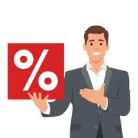 Satisfied positive businessman holding paper and showing with percent sign inscription. vector