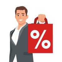 Satisfied positive businessman holding paper and showing with percent sign inscription. Flat vector illustration isolated on white background