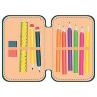 Pencil case with school supplies. Vector flat illustration