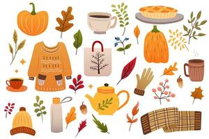 otoño íconos colocar. otoño temporada otoño garabatear elementos. mano dibujado calabazas, que cae hojas, tarta vector