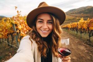 Caucasian woman drinking wine in vineyard , photo