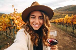 caucásico mujer Bebiendo vino en viñedo , ai generado foto