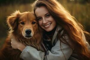 young adult woman holding her dog , outdoor autumn park, AI Generated photo