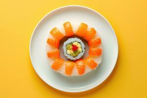 Sushi rollos en plato en brillante fondo, mínimo concepto, parte superior vista. ai generado foto