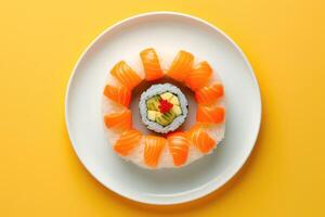 Sushi rolls on plate on bright background, minimal concept, top view. photo