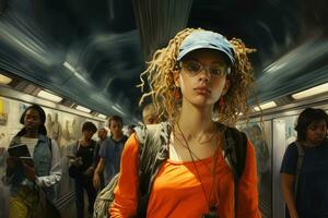Portrait of young hipster woman on subway station . AI Generated photo