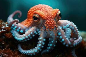 colorful octopus on a coral reef, underwater . AI Generated photo