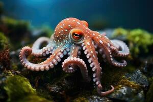 colorful octopus on a coral reef, underwater . AI Generated photo