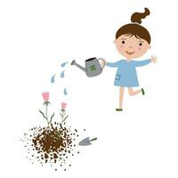 Girl joyful with a watering can watering the flowers in the vegetable garden hand drawn vector illustration on an isolated white background. Children and nature, gardening, child education. For design