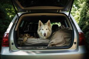 Cute dog sitting in the trunk of a car, photo